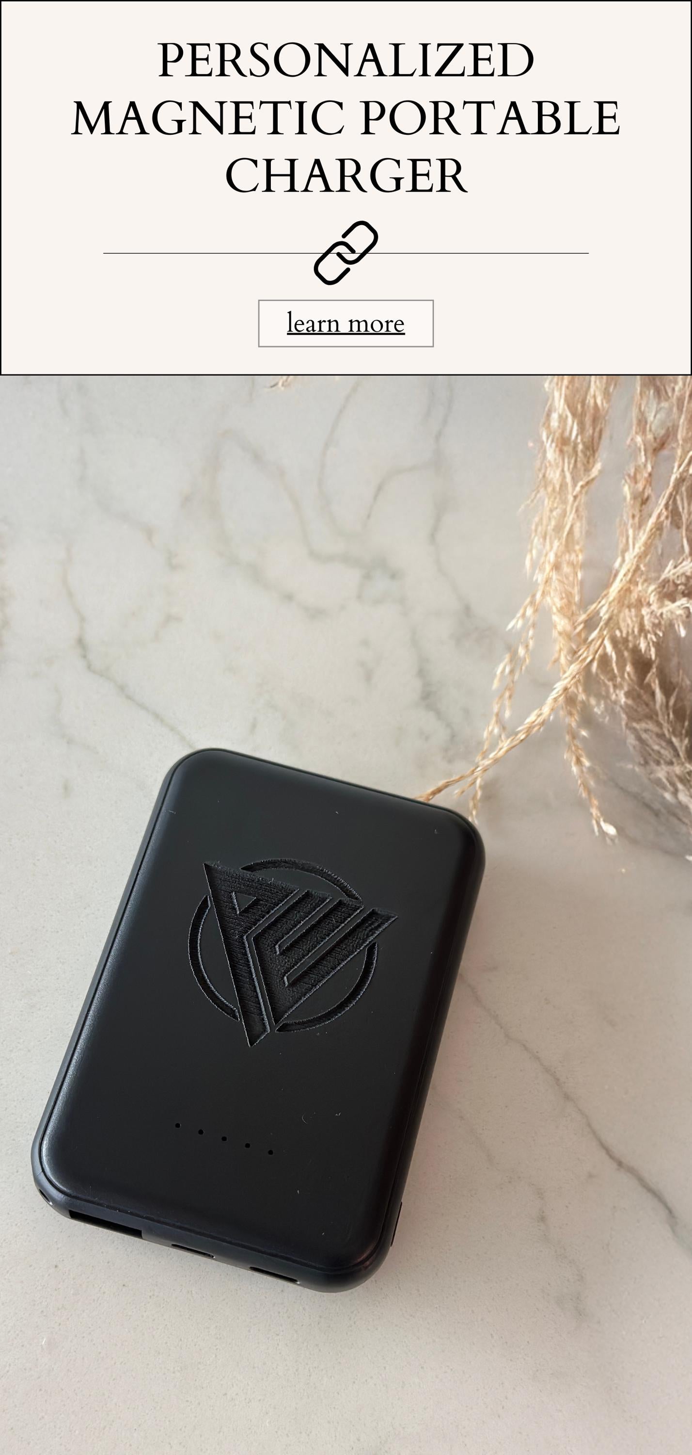 Black magnetic portable charger fits easily in the palm of the hand, emphasizing its slim, travel-ready design. Fast-charging power bank is perfect for teachers, seniors, college students, business professionals, or as a personalized wedding party gift.