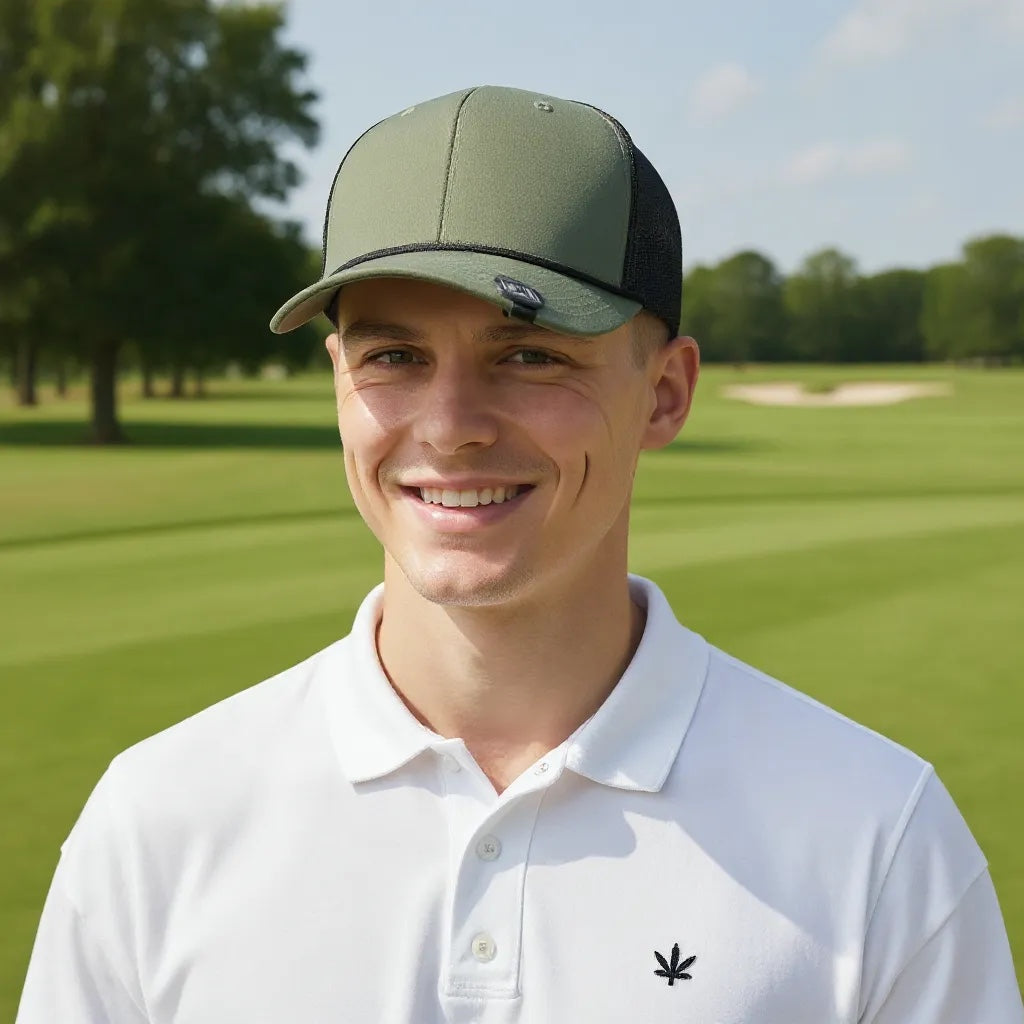 Customized golf marker hat clip with magnetic closure shown outdoors in natural light. Perfect for golfers, companies, and events looking for practical and memorable gifts. Laser engraved personalization highlights logos, initials, or tournament branding.