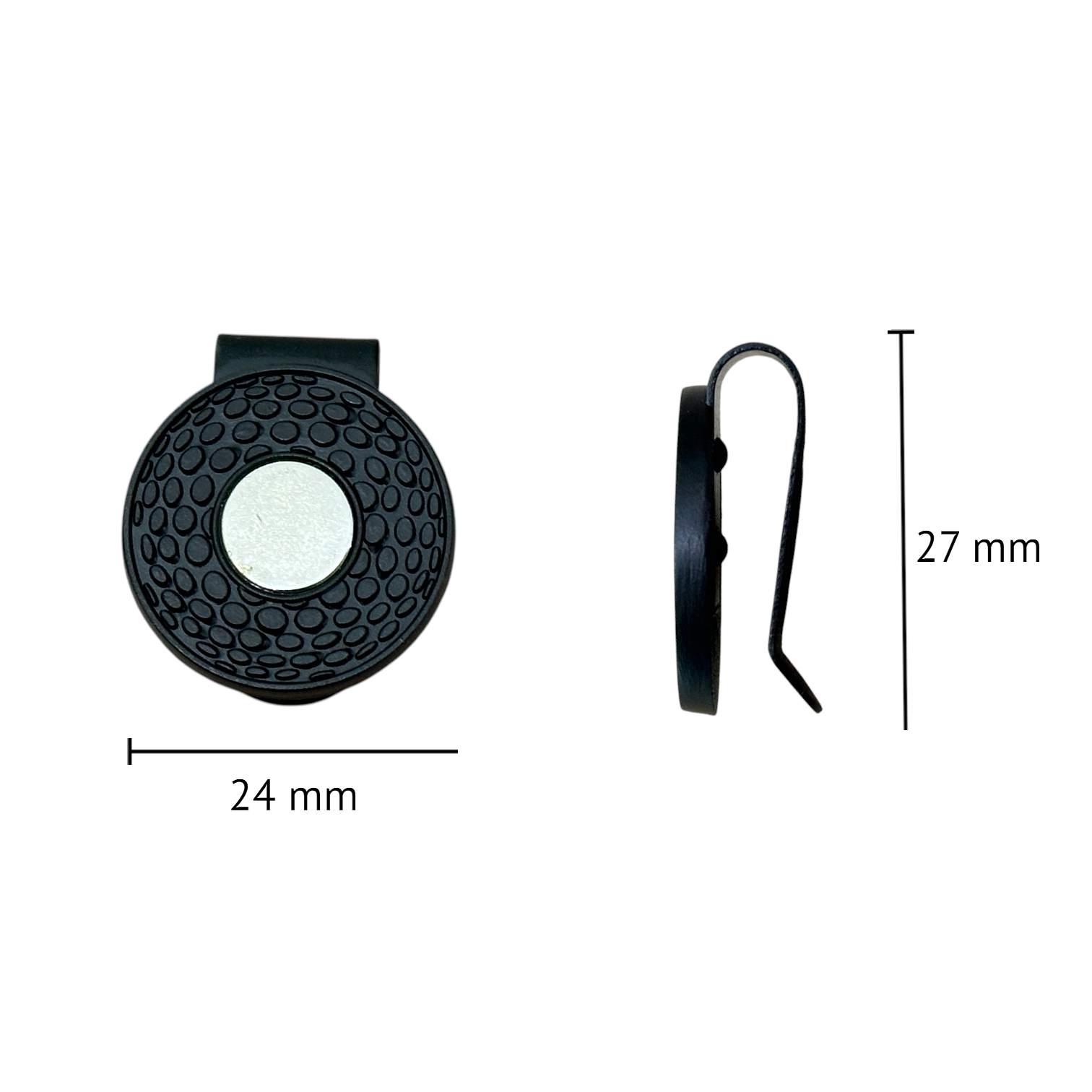 Close-up of a magnetic golf hat clip with laser engraved personalization shown with a golf ball. A thoughtful custom golf gift for events, corporate outings, and client appreciation. Perfect size for any hat brim, making it a practical yet stylish branded accessory.