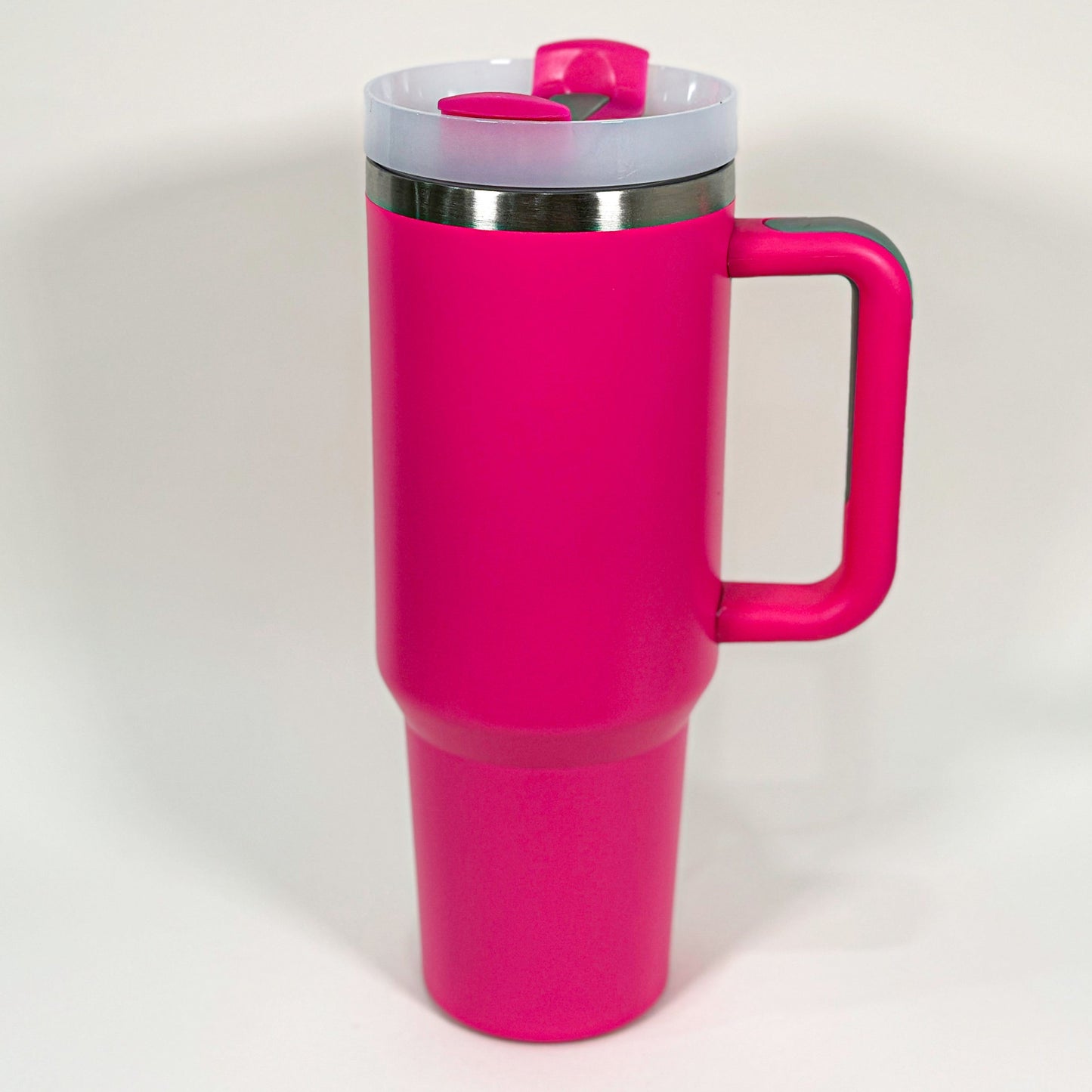 Durable 40 oz stainless steel tumbler with handle, available in Fog, Rust, Teal, Eucalyptus, Dune, Denim, Navy, Hot Pink, and Black – custom engraved gifts.