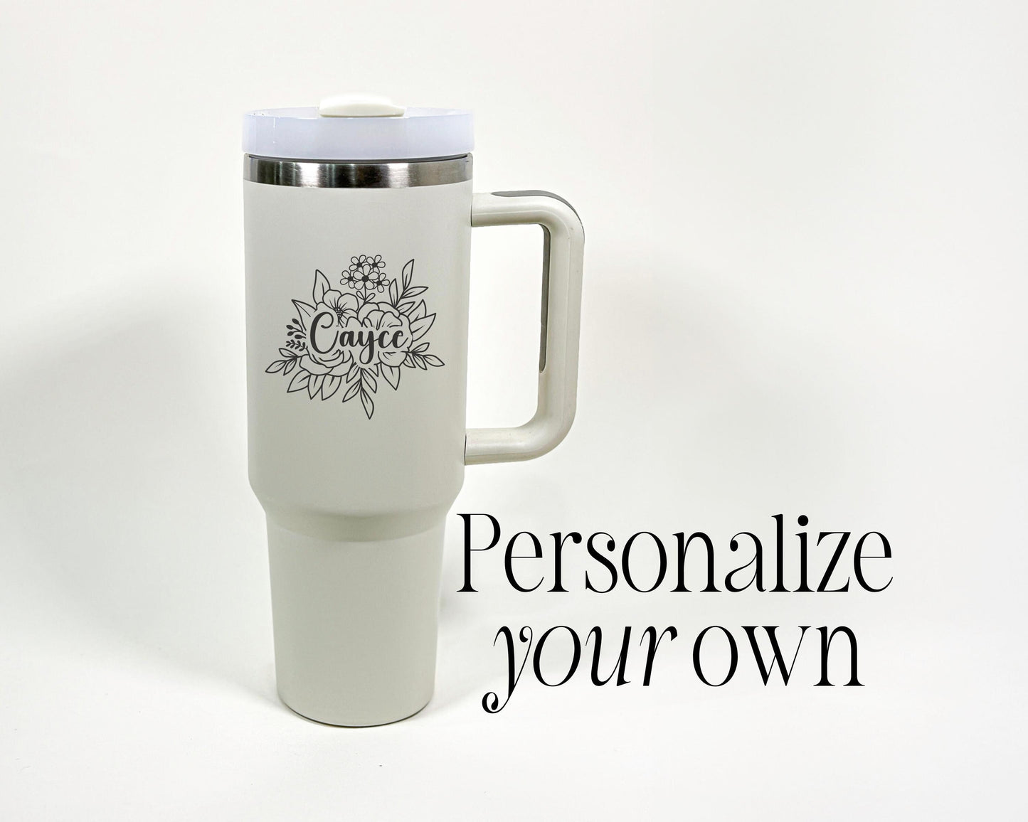 Durable personalized 40 ounce tumbler with straw, engraved in Fog, Rust, Teal, Eucalyptus, Dune, Denim, Navy, Hot Pink, and Black – birthday or Mother’s Day gift.