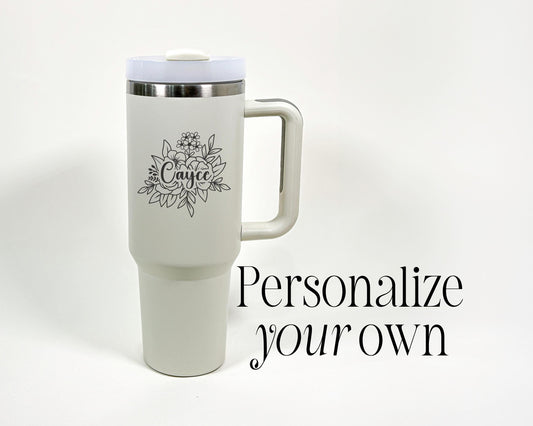Durable personalized 40 ounce tumbler with straw, engraved in Fog, Rust, Teal, Eucalyptus, Dune, Denim, Navy, Hot Pink, and Black – birthday or Mother’s Day gift.